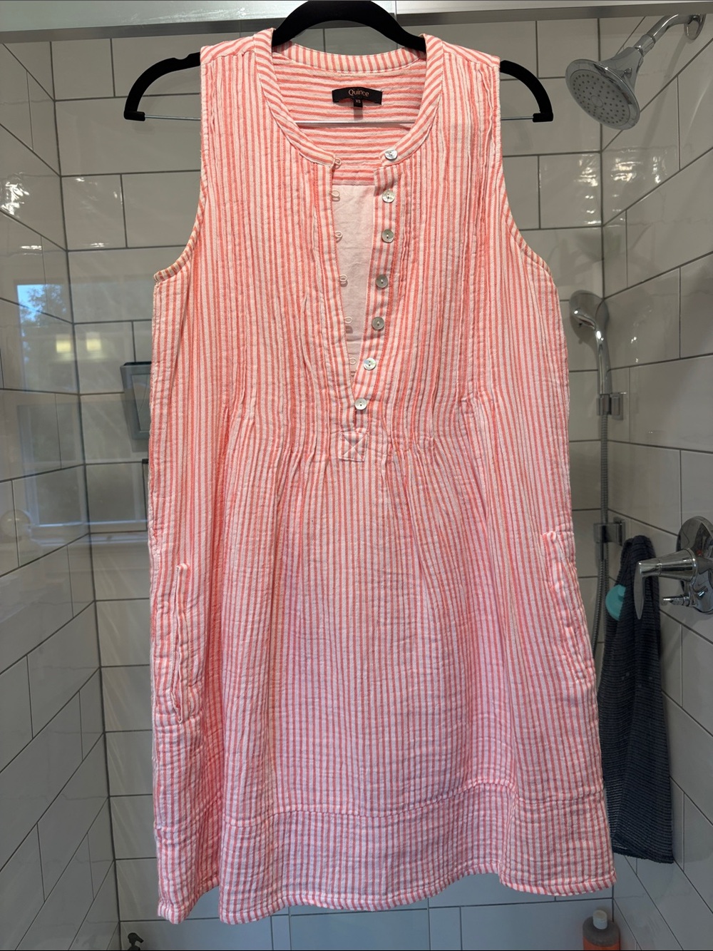 Quince Pink and White Striped Sleeveless Linen-Blend Dress